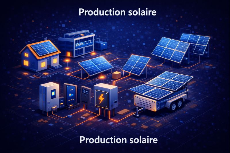 Production solaire photovoltaïque - Systèmes photovoltaïques résidentiels professionnels mobiles panneaux solaires